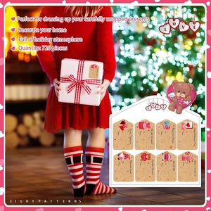 Detail of 8 heart-themed Valentine gift tags with To/From labels on a wrapped box