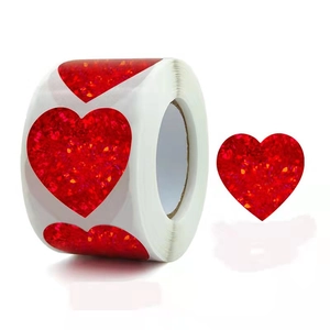 Holographic red heart stickers roll for Valentine gift labels and decorative packaging