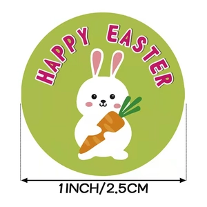 Round Happy Easter sticker with cartoon rabbit and carrot, 1 inch 2.5cm diameter size