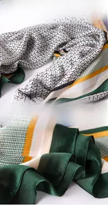 Close-up of geometric pattern print and meticulous hemmed edges on silk scarf