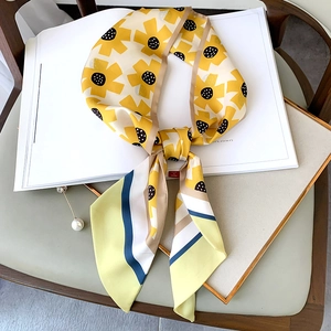 Women Fashion Skinny Scarf Narrow Long Printed Imitation Satin Twilly Hair Band Bag Wrap Neck Scarf