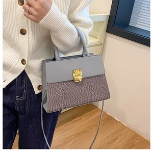 Detail of gray crocodile pattern leather handbag with gold metal lock and shoulder strap