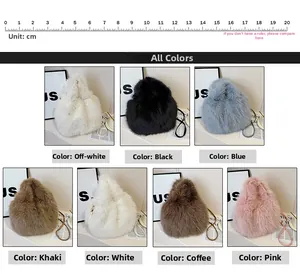 Faux fox fur tote bag shown in seven colors with size scale for shoulder and crossbody use