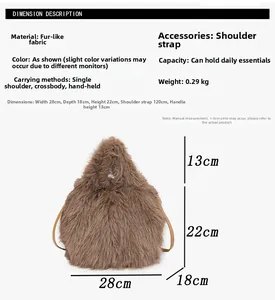 Detailed size specifications for faux fox fur plush bucket bag in brown