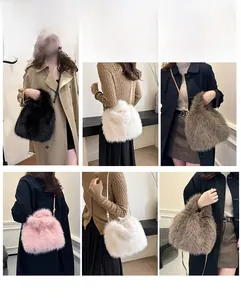 Detail view of plush faux fox fur bag in four colors showing versatile carrying styles