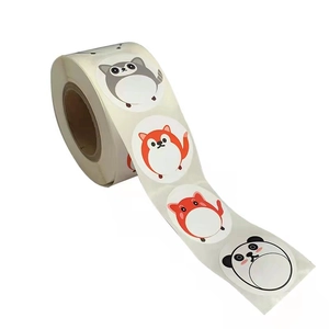 Roll of cartoon animal stickers featuring panda, fox and raccoon designs for gift wrapping