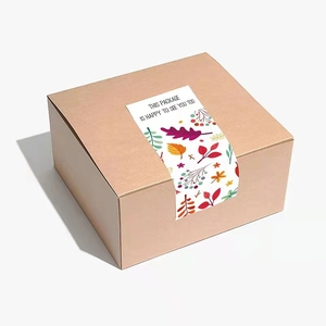 Rectangle kraft gift box with floral seal label and fall botanical leaf designs