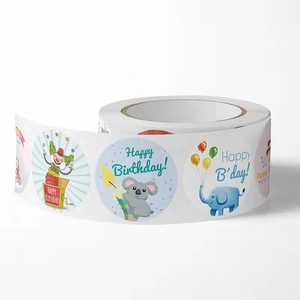 Roll of cartoon animal Happy Birthday stickers with elephant and koala designs