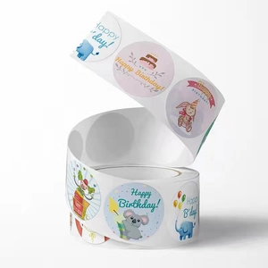 Roll of cartoon animal Happy Birthday stickers with elephant and lion designs in pastel colors