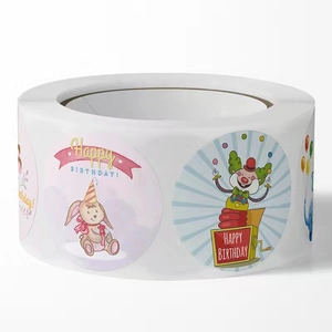 Roll of cartoon animal Happy Birthday stickers featuring colorful rabbits and clowns