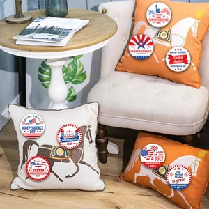Independence Day 4th of July American flag round stickers set on home decor pillows