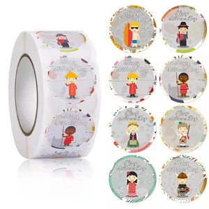 Roll of Children's Day round stickers with diverse global cartoon kids and Happy Children's Day text