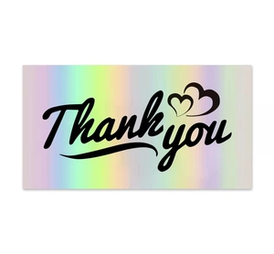 Rectangular holographic Thank You card with black art font and double heart design