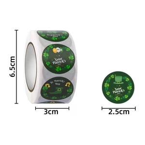 Detailed size specifications for St. Patrick's Day round green shamrock sticker rolls