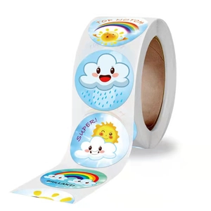 Detail of rolled weather emoji stickers with sun and rainbow for student rewards