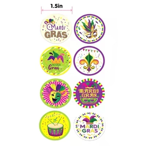 Set of 8 Mardi Gras theme round stickers featuring masks and hats in 1.5 inch size