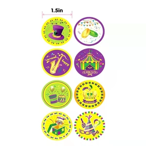 Eight unique 1.5 inch carnival and circus themed stickers with colorful festival patterns