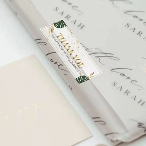 Rectangle marble texture thank you stickers with gold foil text and green palm leaves