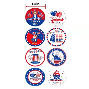 Set of 8 colorful 1.5-inch Independence Day stickers featuring patriotic American icons