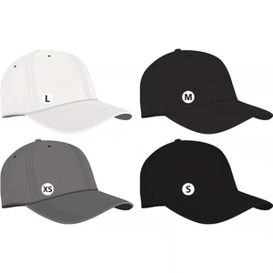 Classic six-panel baseball caps in white, grey, and black available in sizes S to L