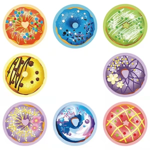 Roll of 500 donut adhesive labels featuring 8 colorful and unique dessert illustrations