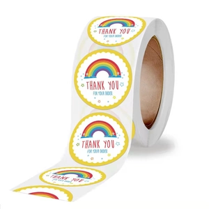 Rainbow thank you stickers roll for gift packaging with colorful stars and circles