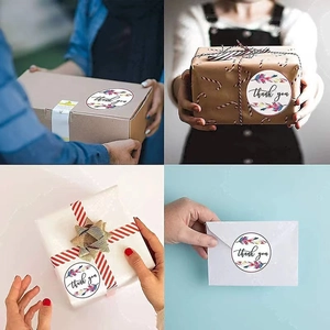 Colorful feather Thank You stickers on gift boxes, ribbon packaging, and envelopes