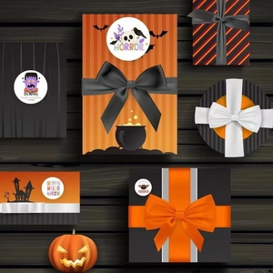 Halloween gift box set with pumpkin and bat stickers and orange decorative ribbons