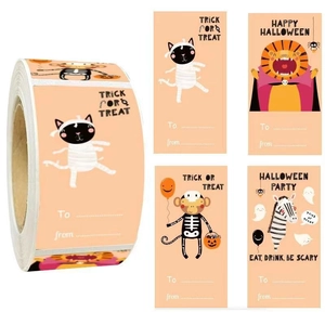 Square Happy Halloween stickers roll featuring cartoon animals for gift sealing tags