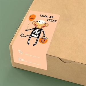Square orange Halloween Happy Halloween gift stickers with pumpkins and skull monkey