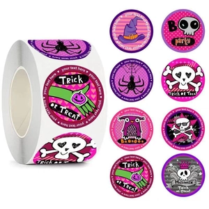 Adesivi Rotondi Viola per Halloween Ragno Scheletro Trick Or Treat Etichette per Decorazione Sacchetti Regalo Festa Adesivi Decorativi Cartoon