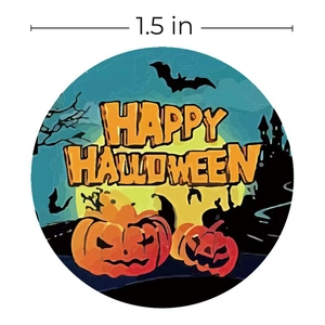 1.5 inch Halloween pumpkin stickers featuring a yellow moon and haunted house on white