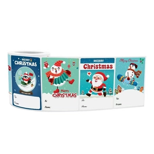 Rectangular Christmas sticker roll with Santa and Snowman designs for gift labeling