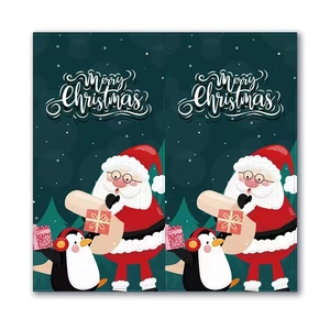 Close-up of green Christmas curtains with Santa, penguin graphics and Merry Christmas text