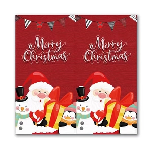 Detail of Merry Christmas stickers with Santa, snowman and penguin on red wood texture