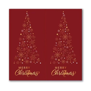 Rectangular red Christmas gift cards with golden tree design and Merry Christmas lettering