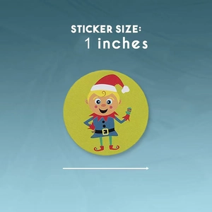 Christmas stickers with cartoon elf design in green background, 1 inch round size label