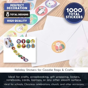 Roll of 1000 Merry Christmas stickers featuring 8 cartoon reindeer and snowman designs