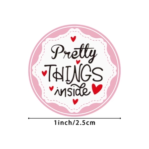 Pink 1 inch round stickers featuring 'Pretty THINGS inside' text and red hearts