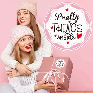 Pink and white 'Pretty THINGS inside' round gift stickers for decorative packaging labels