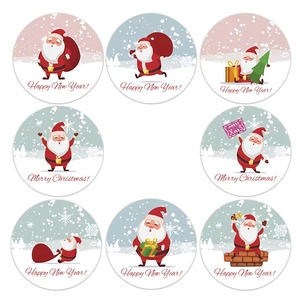 Lot de 8 autocollants de Noël ronds avec Père Noël et vœux de bonne année colorés
