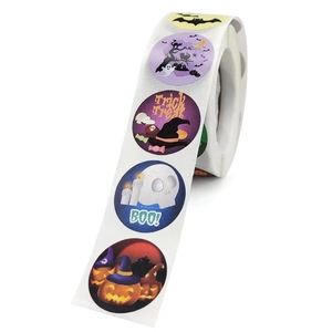 Halloween round stickers roll with pumpkin, bat, and cat designs for gift sealing