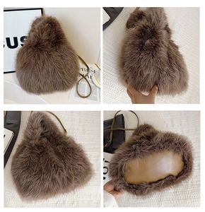 Detail shots of brown faux fur bucket bag showing soft texture and smooth leather base