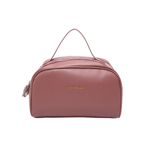 Dusty rose PU leather makeup bag with double zippers and gold mudailun logo detail