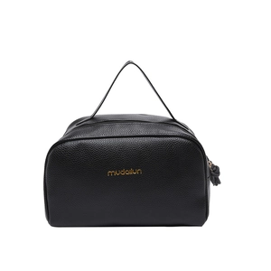 Trousse de maquillage minimaliste en cuir noir grainé avec poignée et logo doré