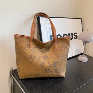Large Capacity Tote Bag Women PU Leather Letter Print Fashion Commuter Shoulder Bag Casual Handbag