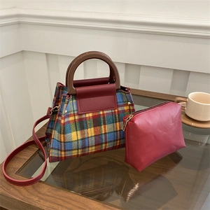 Sac à Bandoulière Vintage en Nylon à Carreaux Pour Femmes Design Rétro Avec Surpiqûres et Petite Pochette Assortie