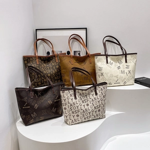 Collection of large printed tote bags in coffee and beige colors with double handles