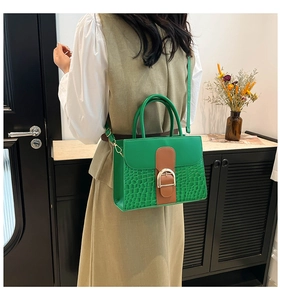 Détail du sac bicolore vert et marron avec texture crocodile et fermoir doré