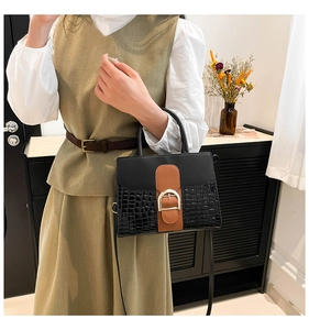 Détail d'un sac cabas bicolore avec texture pierre et boucle dorée en forme de D